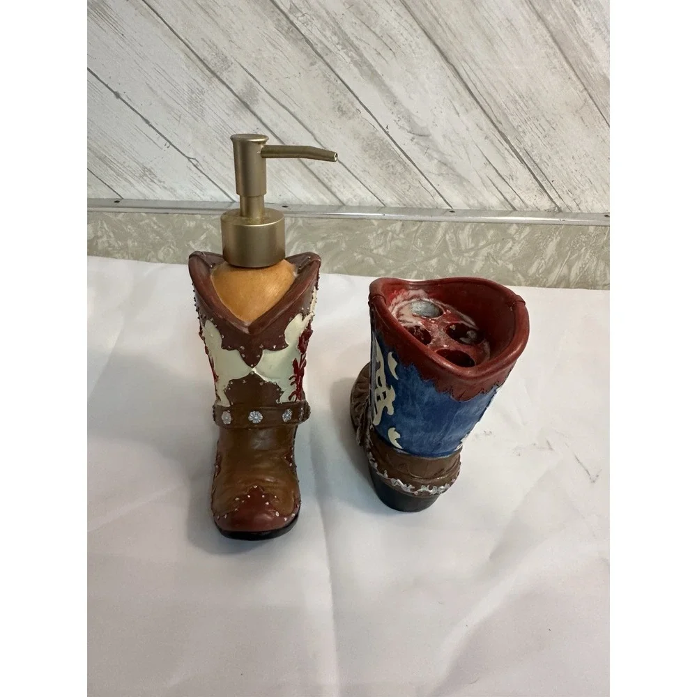 Boot Soap Dispenser & Toothbrush Holder Set Western Country Bathroom Decor